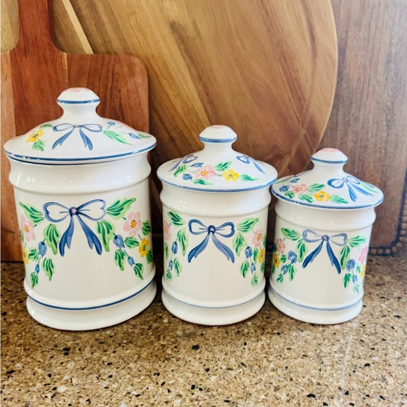 Herend Other - Herend Pottery Floral Ceramic Canister Set - Blue Bow Accent Vintage
